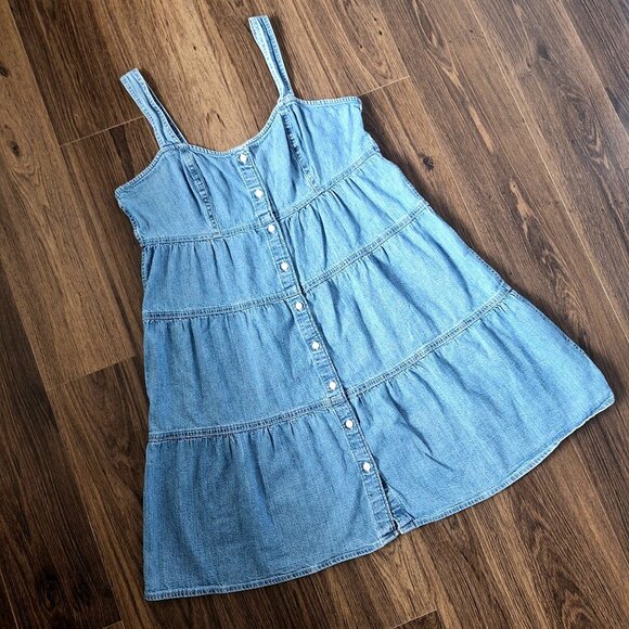 💙 Levi's Denim Jean Tiered Dress Size L 100% Cotton Western Coastal Cowgirl Cou - Picture 3 of 8
